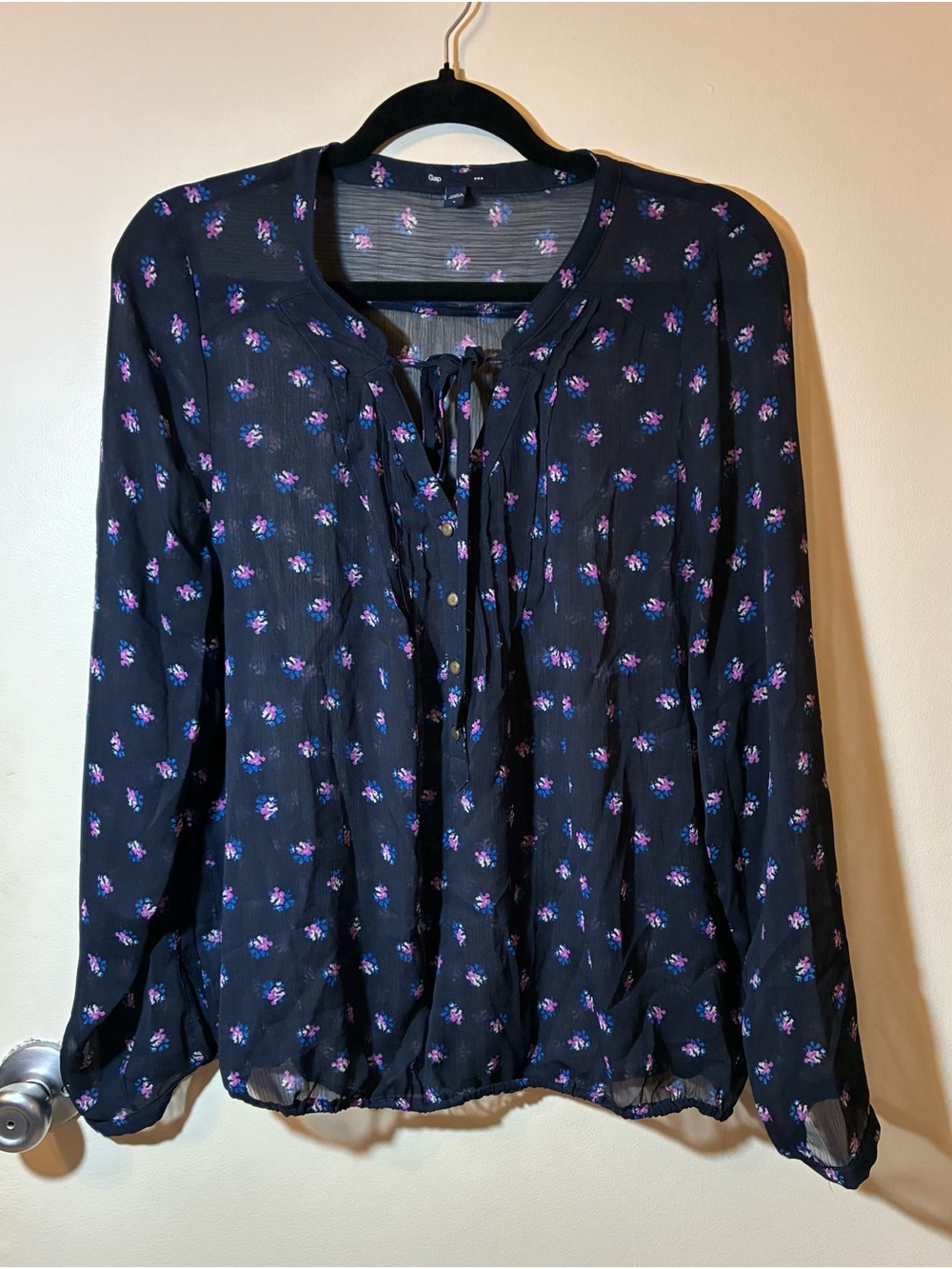 Gap Navy Blue Sheer Ditsy Floral Long Sleeve Blouse Tie Neck Fairy 70s Peasant L